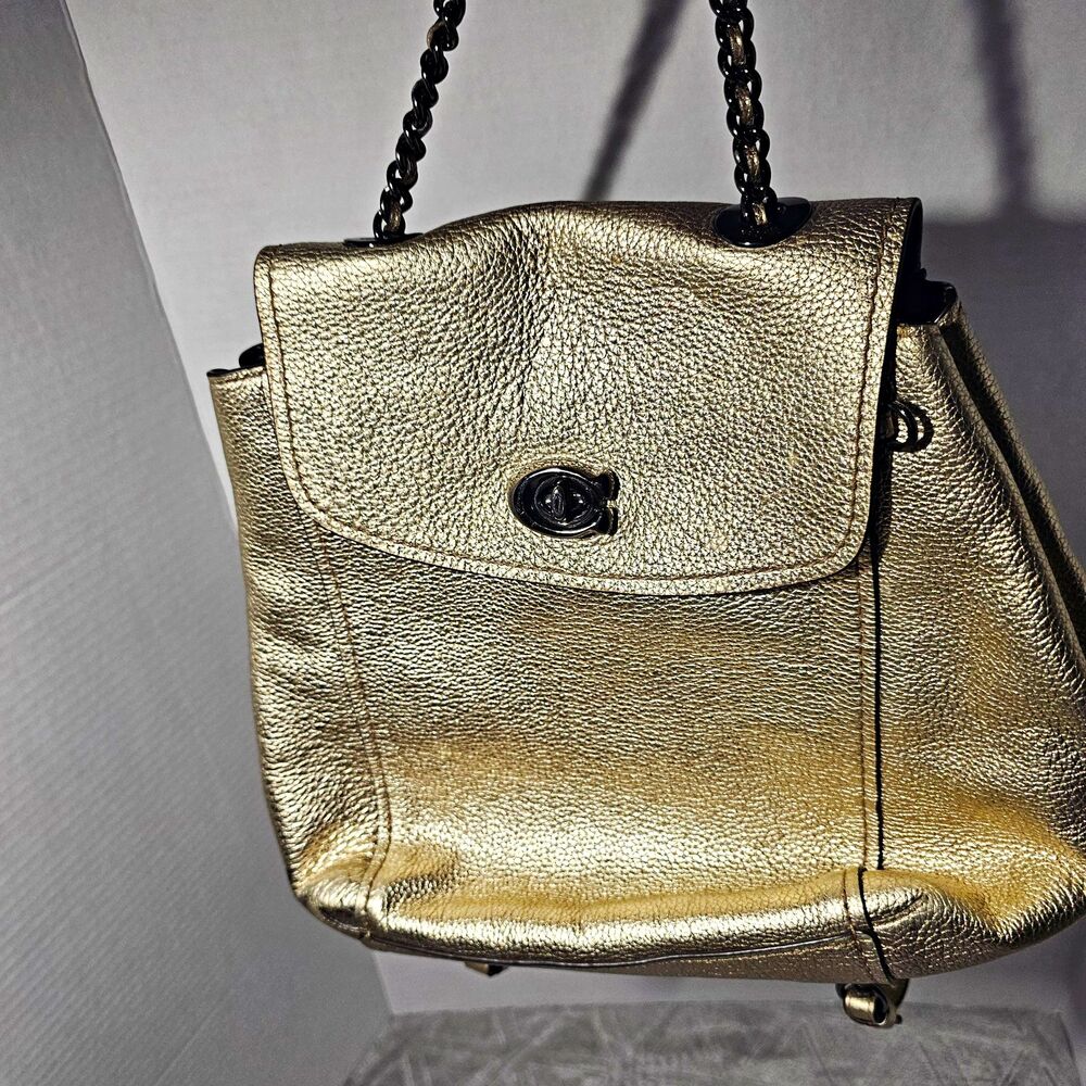 Coach Metallic Gold Convertible Backpack/Shoulder Bag Turn Lock Zip Chain Strap